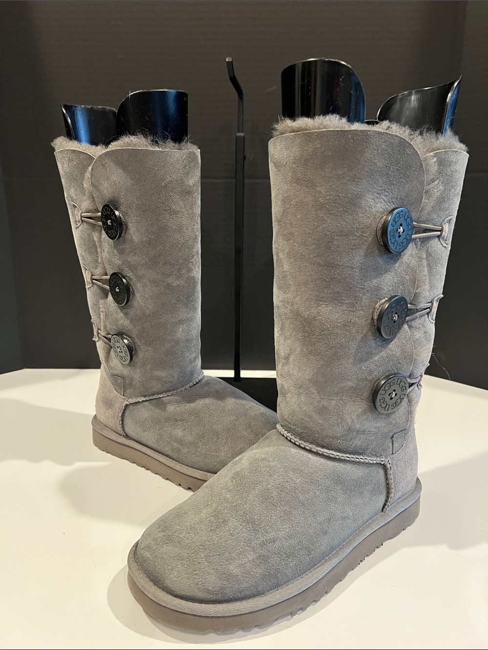 UGG Gray Suede/Shearling Button-Trim Tall Winter Boots